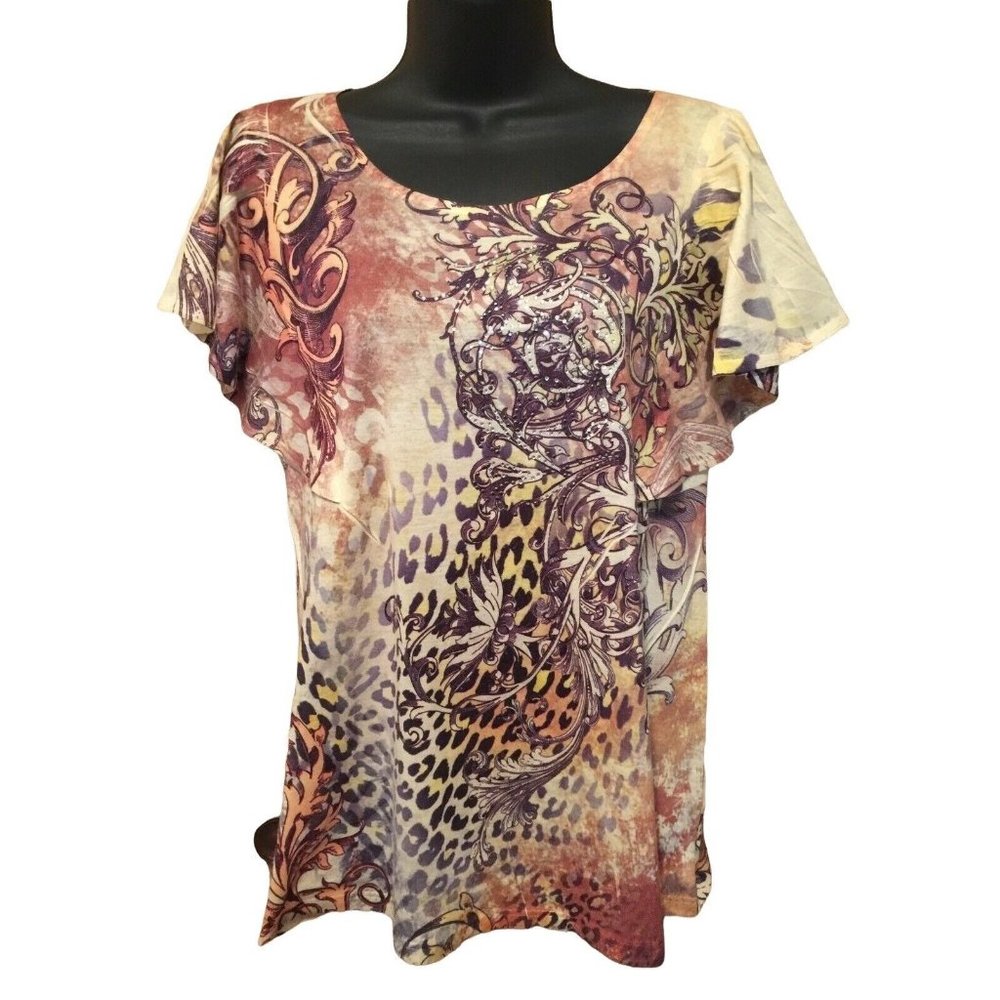 7W Womens Shirt Size M Sleeveless With Ruffle Overlay Neutral Leopard Beads Top